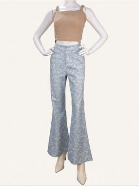 Hilary MacMillan Jacquard Fit & Flare Pants Blue Ivory Small NWT Made In Canada